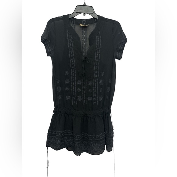 Juicy Couture Y2K Embroidered Silk Blouse Sheer Boho Size Medium Black - Picture 1 of 6